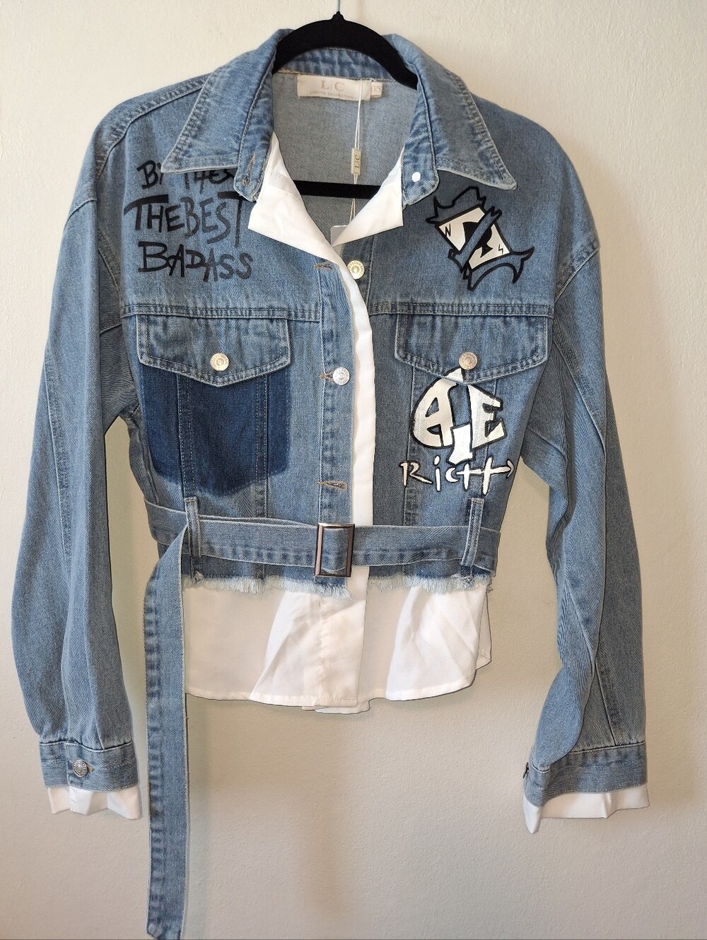 Denim Patchwork Cropped Jacket with Belt - Light Blue
